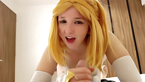 Tall blonde takes on a lit along and cum